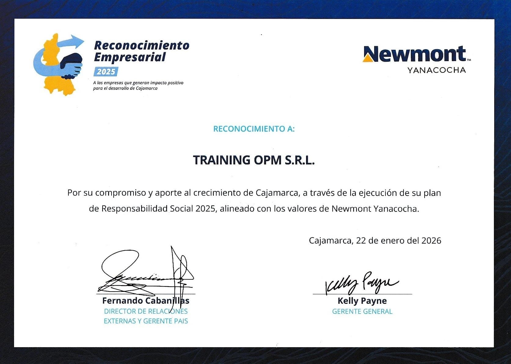 Diploma oficial del Reconocimiento Empresarial 2025 otorgado a Training OPM S.R.L. por Newmont Yanacocha